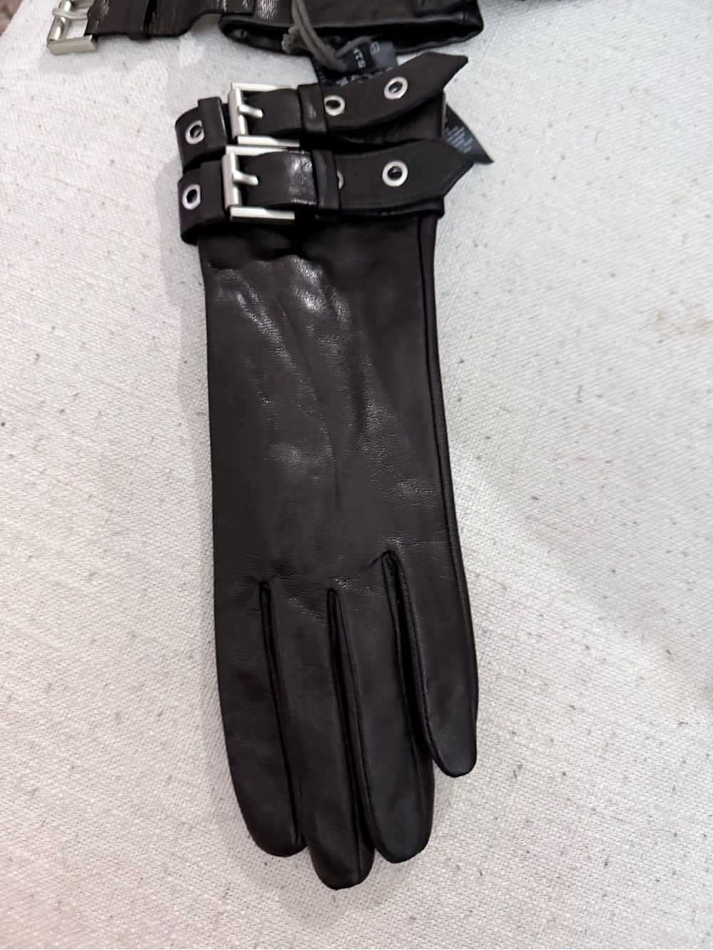 All Saints Women’s Black Leather Gloves with Double Buckle Accent
